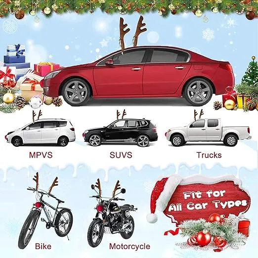 Reindeer Antlers for Cars, Reindeer Christmas Antlers Car Kit with LED Lights, Reindeer Car Kit Antlers, Nose, Tail, Top & Grille Rudolph Reindeer Jingle Bell Christmas Decorations for Car Motorcycle