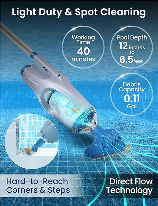 KOKIDO 2024 Rechargeable Handheld Pool Vacuum Set with Adjustable Pole and 2 Interchangeable Brush Heads, for Above Ground Pool, Hot Tub, Spa and Small Pools to 20ft, Cordless, Spot Clean XTROVAC 110