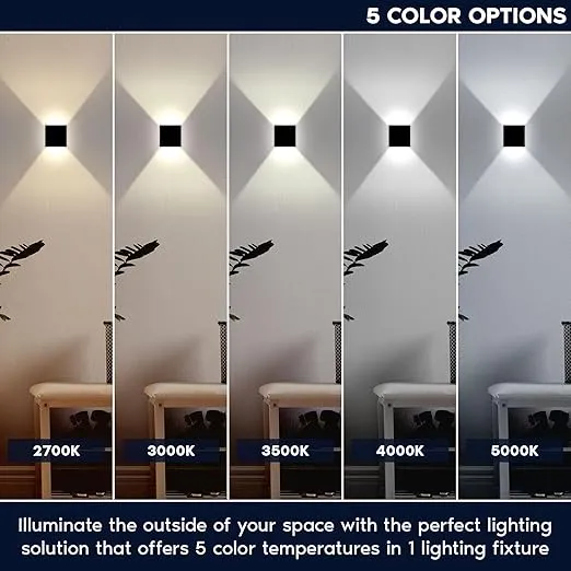 LUXRITE Square LED Up and Down Wall Sconces Set of 2, Metal, 5CCT 2700K | 3000K | 3500K | 4000K | 5000K, Modern Indoor and Outdoor Wall Light, 15W, 1000LM, IP65 Waterproof, ETL Listed - Black