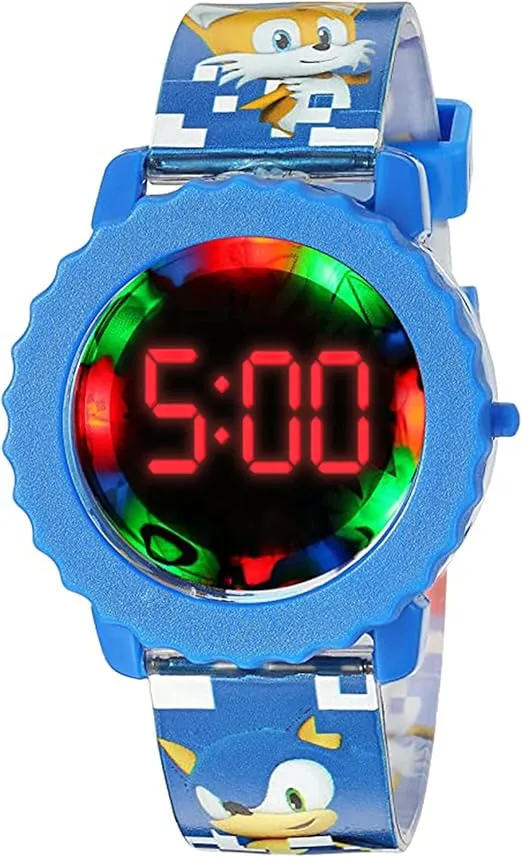Accutime Sonic The Hedgehog - Kids, Quartz Movement - LCD Display Watch Dial Flashing LED Lights, Blue Buckle Strap Band for Children