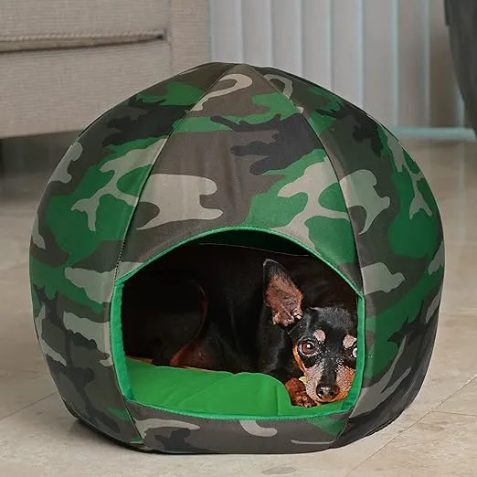 Maccabi Art Camo Dog Bed - Camoflage Themed Pet Bet - Fits Small Dogs, Puppies, Cats - Pillow Insert with Plush Lined Interrior, Non-Slip Igloo Design - 16 x 18 x 16