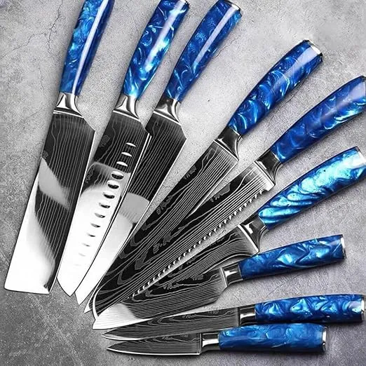 SENKEN 8-Piece Japanese Knife Set with Blue Resin Handle and Laser Damascus Pattern - Cerulean Collection - Chef's Knife, Santoku Knife, Bread Knife, Paring Knife, & More, Extremely Sharp Blades