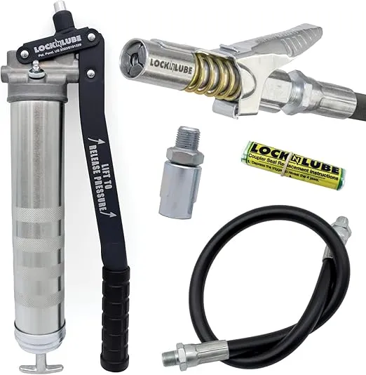 LockNLube Professional Series Lever Grease Gun. Includes Our Patented Grease Coupler (Locks on, Stays on, Won't Leak!) Plus a 20" Hose and in-line Hose Swivel.