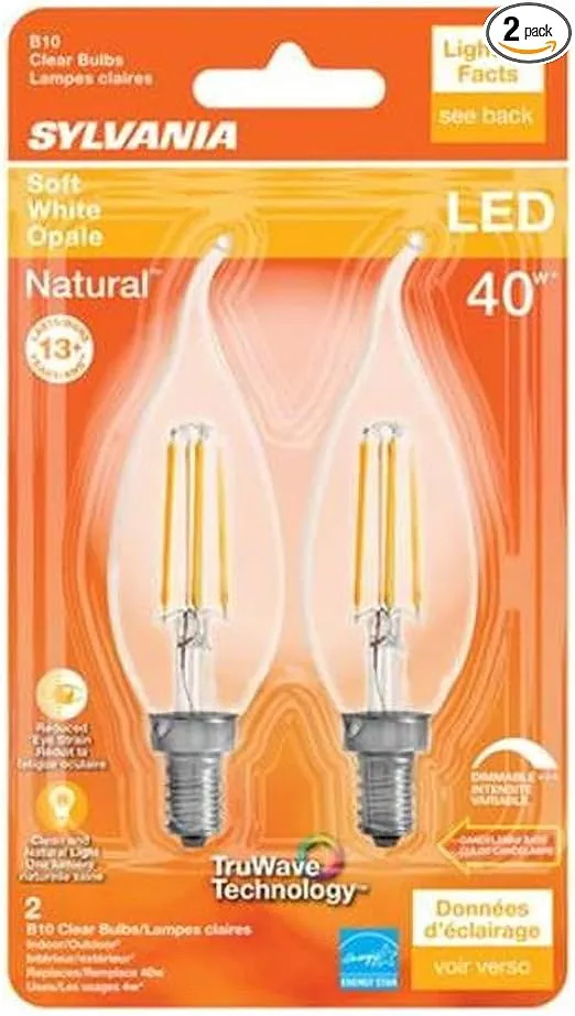 SYLVANIA LED TruWave Natural Series Décor Light Bulb, 60W Equivalent, Efficient 5.5W B10, Candelabra Base, Dimmable, 500 Lumens, 2700K, Soft White, Clear - 2 Pack (40757)