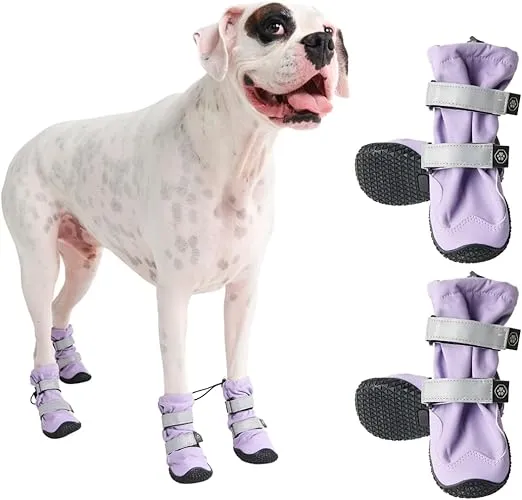 Spark Paws Water-Resistant Dog Boots for Medium Large Dogs, Anti-Slip Dog Shoe Booties Paw Protector for Rain Snow Hiking Reflective Straps 4PCS - Lilac, C