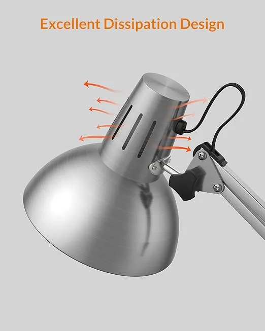 LEPOWER Metal Desk Lamp, Adjustable Goose Neck Architect Table Lamp with On/Off Switch, Swing Arm Desk Lamp with Clamp, Eye-Caring Reading Lamp for Bedroom, Study Room &Office (Silver)