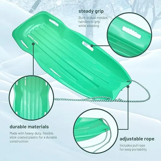 Slippery Racer Downhill Xtreme Flexible Adults and Kids Plastic Toboggan Snow Sled for up to 2 Riders with Pull Rope and Handles.