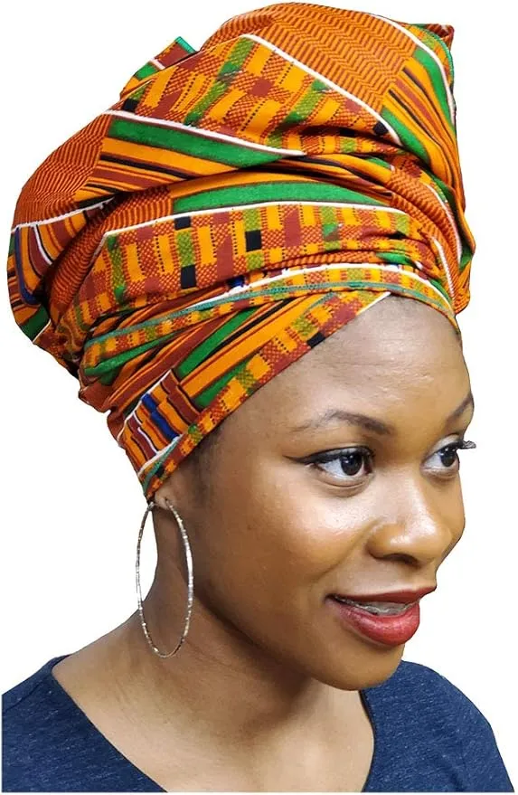 Dupsie's Kente African Print Head wrap with Green Trim One Size Multicolor