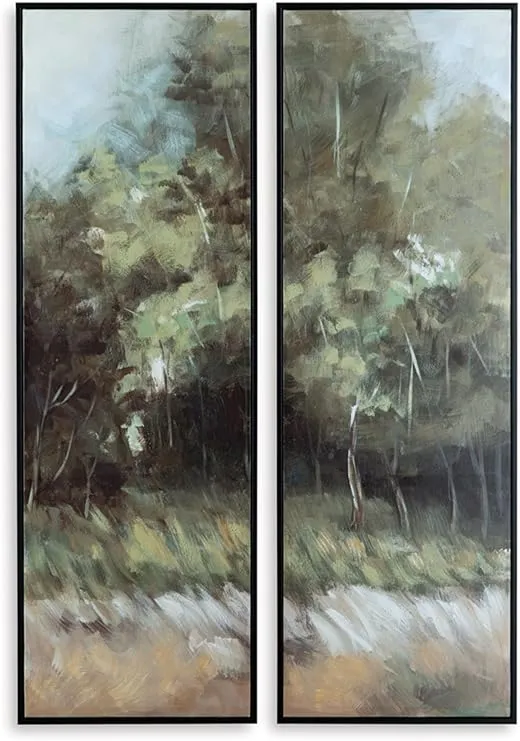 Signature Design by Ashley Dansot Modern Rectangular Hand-painted Wrapped Canvas Wall Art 16 x 48 Inches, Set of 2, Green & Light Brown