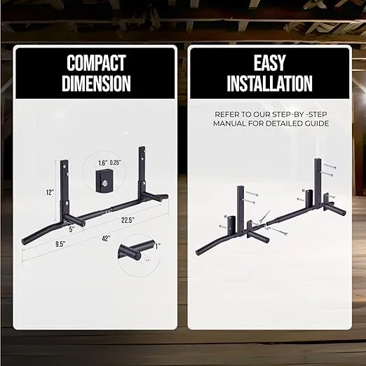 Joist Mount Pull Up Bar, Ceiling Mounted Chin Up Bar for Home Gym, Crossfit, Beam, Rafter - Heavy Duty, Multi Grip, 42" Wide, Maximum Head Clearance - TU038