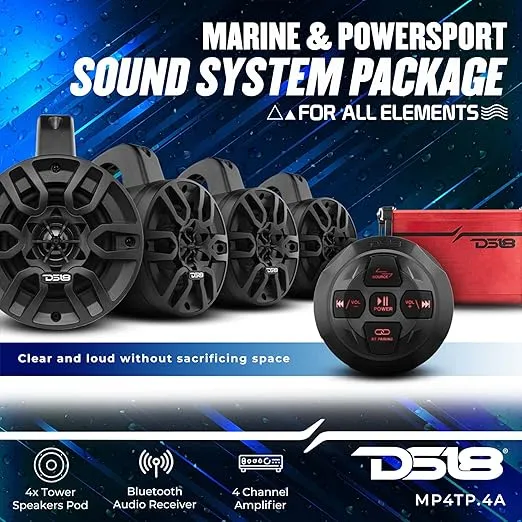 DS18 MP4TP.4A 4" 600W Bluetooth Marine Tower Speakers with Amplifier and Remote