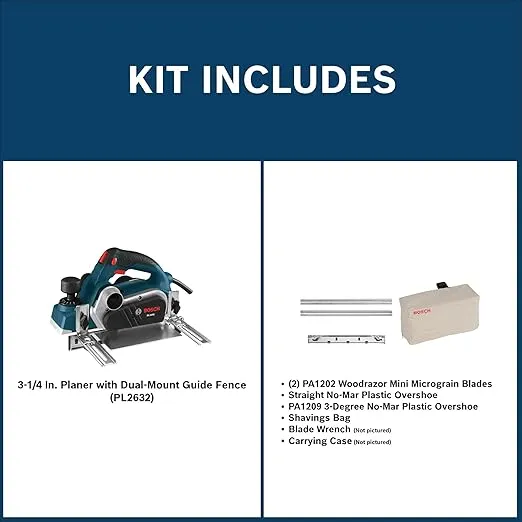 BOSCH 3-1/4 Inch 6.5 Amp Hand Planer for Woodworking, 2.6 mm Cut Depth, Corded with Carrying Case (PL2632K)