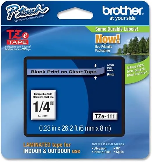 Brother Laminated Tape Black on Clear, 6mm (Tze111)