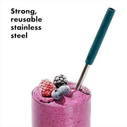 OXO Good Grips Stainless Steel 4 Piece Reusable Straw Set with Case - Green