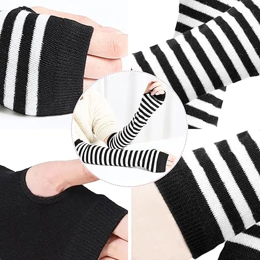 UTTPLL Womens Punk Gothic Long Arm Warmers Striped Fingerless Gloves Winter Knitted Stretchy Mittens Thumb Hole Wrist Warmer