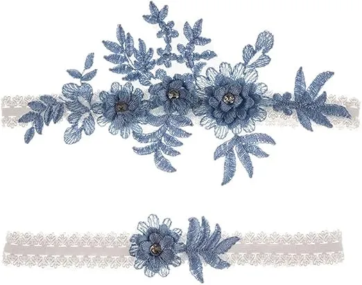 Wedding Garters Set Lace Bridal Garter Stretchy Floral Garter for Bride Blue White