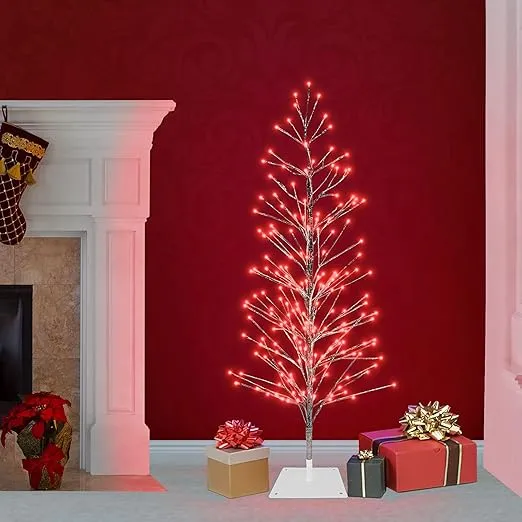 Alpine Corporation 60" H Indoor/Outdoor Artificial Christmas Tree with Red LED Lights, Silver