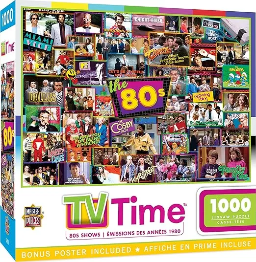 MasterPieces - 1000 Piece Jigsaw Puzzle, Nostalgic 80’s TV Shows Collage, Retro Entertainment Fun for Adults, Family, Kids, Non-Glare Finish, 19.25" x 26.75"