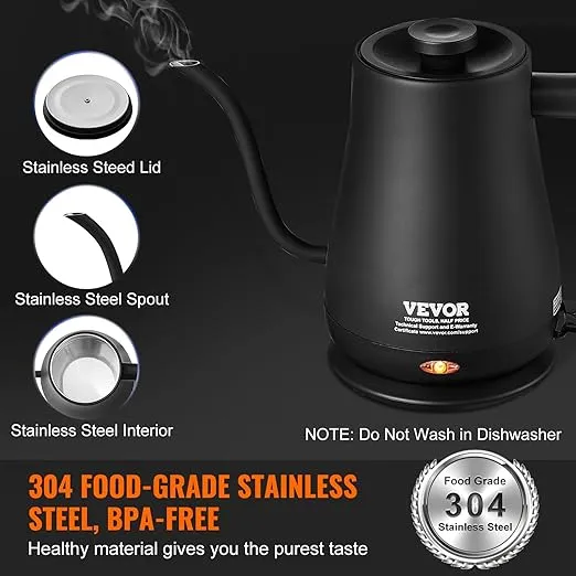 VEVOR Electric Gooseneck Kettle 1L, 1200W Fast Heating Gooseneck Pour Over Coffee Tea Kettle, 304 Food Grade Stainless Steel Hot Water Boiler Heater with Auto Shut-off, Boil-Dry Protection