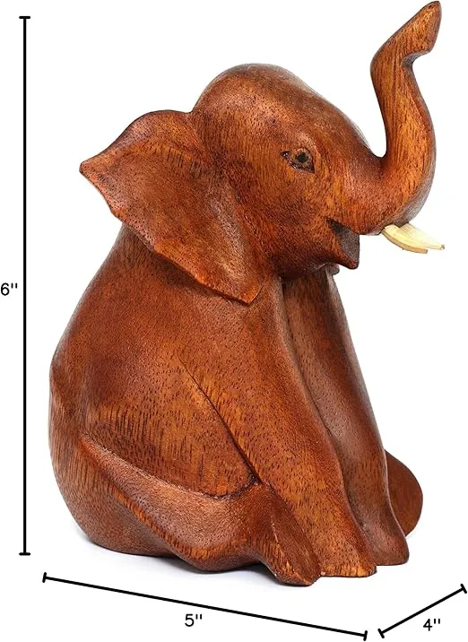 G6 Collection Wooden Hand Carved Sitting Elephant Statue Figurine Sculpture Art Decorative Rustic Home Decor Accent Handmade Handcrafted Decoration Wood Sitting Elephant