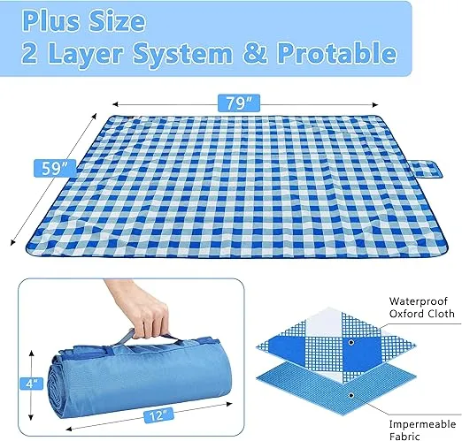 Tirrinia 60"x 80" Picnic Waterproof outdoor Blanket, Outdoor Windproof Extra Large Lightweight Blanket, Foldable Camping Blanket for Travel Family Concerts.