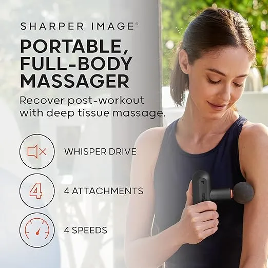 Sharper Image Deep Tissue Portable Percussion Massage Gun, Powerboost Move Full Body, Back & Neck Muscle Massager with 4 Attachments - Handheld Rechargeable Electric Massage Gun for Athletes