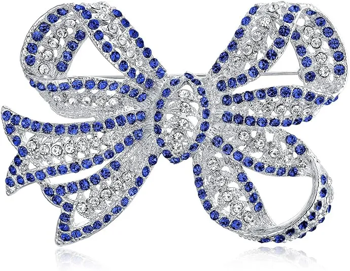 Bling Jewelry Victorian Vintage Style Winter Wedding Holiday Royal Blue White Glittering Crystal Pave Bridal Fashion Large Statement Filigree Ribbon Bow Scarf Brooch Pin for Women Silver Rose Plated