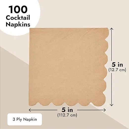 Juvale 100 Pack Brown Paper Napkins with Scalloped Edges - 2-ply Disposable for Wedding, Birthday Party (5x5 In)