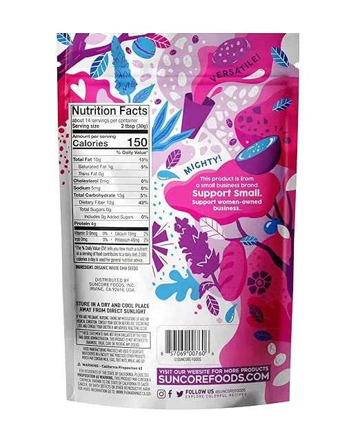 Suncore Foods Organic White Chia Seeds, Gluten-Free, Non-GMO, 15oz (1 Pack)