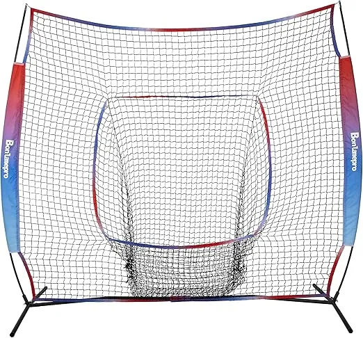 7' x 7' Baseball Softball Practice Net Portable Hitting Pitching Batting Training Net Large Mouth Metal Bow Frame Backstop Net with Carry Bag for Hitting, Throwing, Pitching and Catching