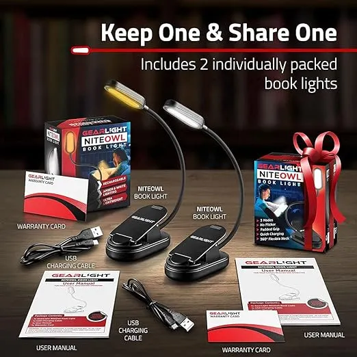 GearLight Rechargeable Book Light for Reading in Bed - Stocking Stuffers 2 Pack Adjustable LED Clip-on Reading Light for Books in Bed - Reading Lamp Book Accessories for Adults & Kids