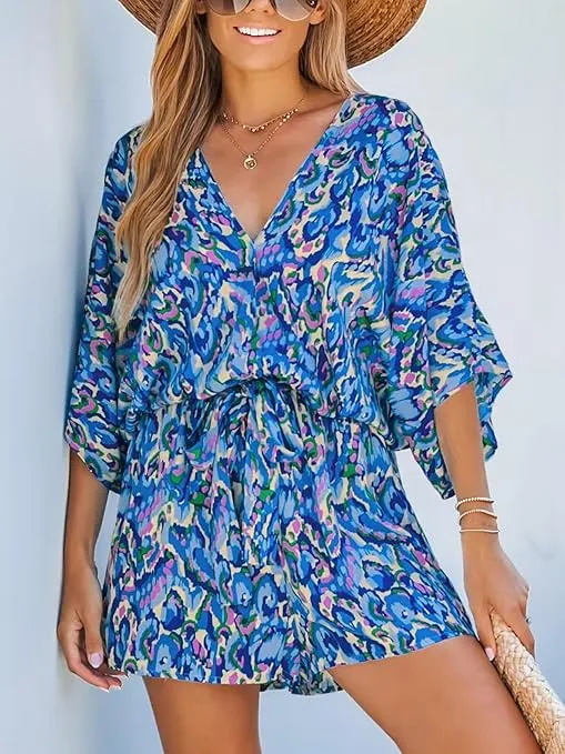 CUPSHE Women's Lace Up Leopard Print Romper Short Sleeves Jumpsuits Wide leg Outfit