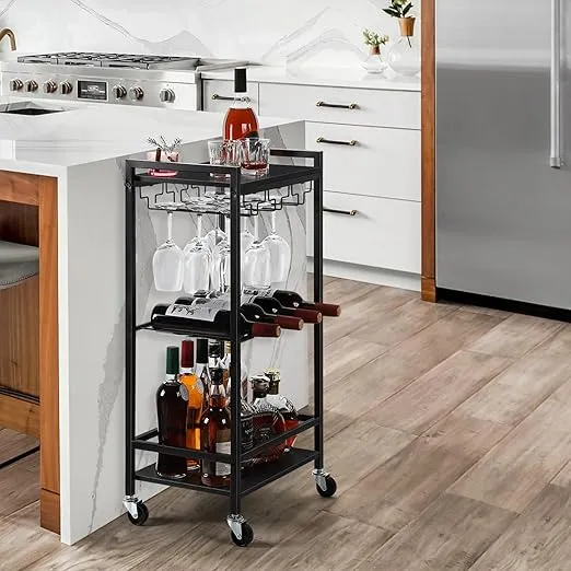 NANANARDOSO Bar Cart,3-Tier Home Bar Serving Cart with Wine Rack and Glass Holder,Mobile Bar Cart Serving Wine Cart on Wheels for Living Room, Kitchen, Party (Black)