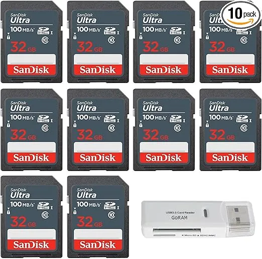 SanDisk 32GB (10 Pack) Ultra SDHC UHS-I Class 10 Memory Card 100MB/s U1, Full HD, SD Camera Card SDSDUNR-032G-GN3IN Bundle with (1) GoRAM USB 3.0 Multi Card Reader (32GB)