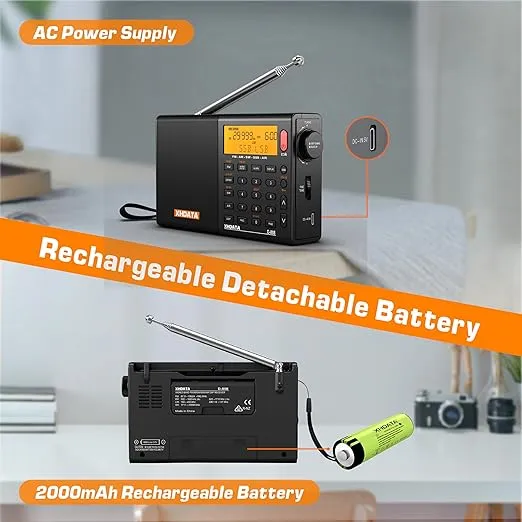 D808 Portable AM FM SW LW Air Band Radio SSB RDS Multi Band Radio Speaker with LCD Display Alarm Clock External Antenna (Black)