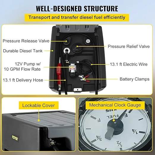VEVOR Portable Diesel Tank, 58 Gallon Capacity, Diesel Fuel Tank with 12V Electric Transfer Pump, Polyethylene Diesel Transfer Tank for Easy Fuel Transportation, Black