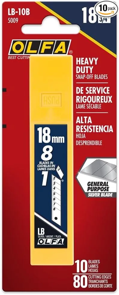 OLFA 18mm Heavy-Duty Snap Off Replacement Blades, 10 Blades (80 segments) LB-10B - Snap-Off Utility Knife Replacement Blades, Fits most 18mm Utility Knives