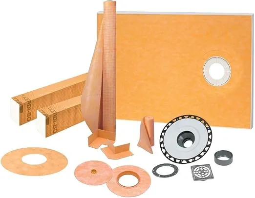 Schluter Kerdi Shower Kit with Shower Tray, Curb, Waterproofing Membrane, Strips & Seals - ABS Plastic, 38" x 60" Tray Size, Off-Center Outlet Position - KSK9651525SABSE