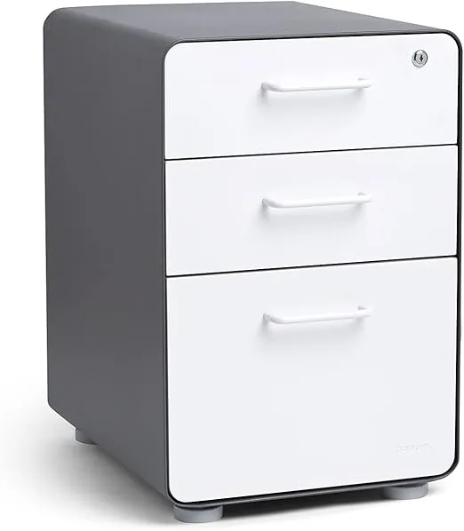Poppin Stow 3-Drawer File Cabinet - Charcoal + White, 2 Utility Drawers and 1 Hanging File Drawer, Fully Painted Inside and Out, Powder-Coated Steel, Two Keys Included, Stationary