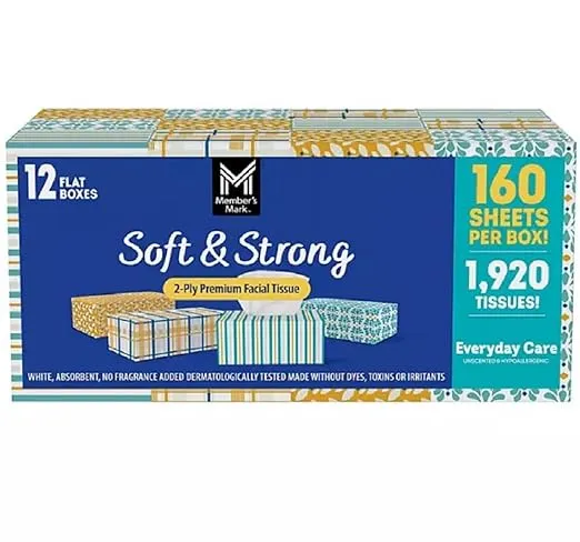 Member's Mark Member's Mark Soft & Strong Facial Tissues, 12 Flat Boxes, 160 2-ply Tissues Per Box