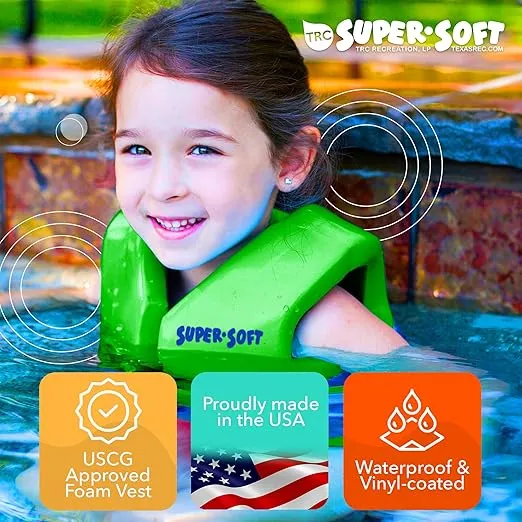 TRC Recreation Super Soft Child Size X Small Life Jacket USCG Approved Vinyl Coated Foam Swim Vest for Kids Swimming Pool and Beach Gear, Marina Blue