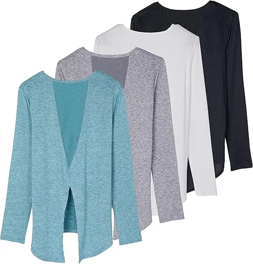 Real Essentials 4 Pack: Women's Dry-Fit Long-Sleeve Tie Back Athletic Workout T-Shirt (Available in Plus Size)