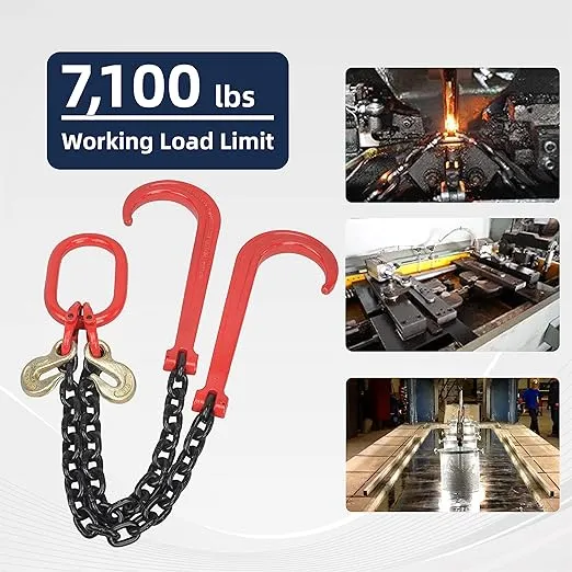 G80 3/8" x 2' V Bridle J-Hook Tow Chain, Tow Recovery Chain 7100 Lbs WLL, Two 15" J-Hook & Eye Cradle Grab Hook