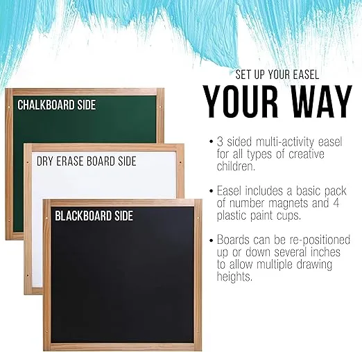 U.S. Art Supply Children's 3-Sided Art Activity Easel with Chalkboard, Large Paper Roll, Shelf & Plastic Paint Cups