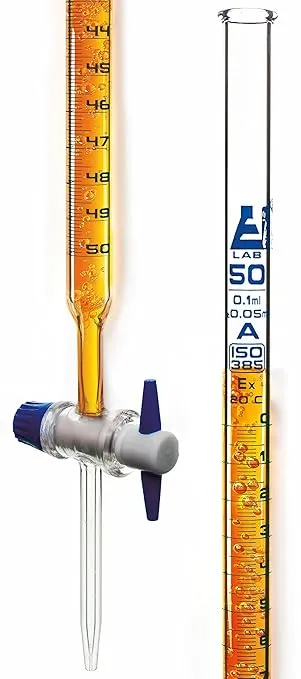 EISCO Burette, 50ml - Class A, ±0.05ml Accuracy - Borosilicate Glass - Straight Bore PTFE Stopcock - 0.1ml Blue Graduations