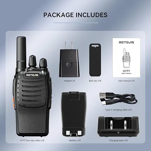 Retevis H-777 2 Way Radios, Walkie Talkies for Adults, Rechargeable Long Range Two Way Radio, Shock Resistant, Short Antenna for Business Education(10 Pack)