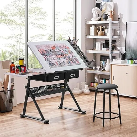 Yaheetech Height Adjustable White Art Desk for Adults, Tilting Tabletop Drafting Drawing Table with Extra Large Desktop and Drawers, Foldable Stand up Craft Painting Table and Chair Set with Stools