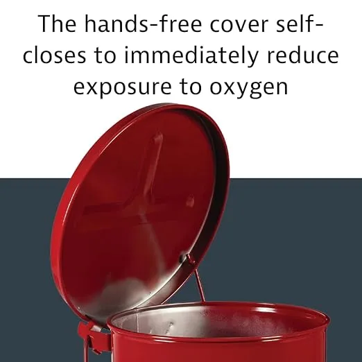 Justrite 14 Gallon Galvanized Steel Oily Waste Can, 20" x 16" Metal Oil Rag Safety Can with Foot Operated Self-Closing Lid for Oil Rag Disposal, Made in The USA, Red, 09500