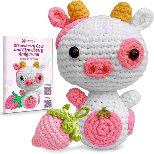 Crochet Kit for Beginners - Learn to Crochet Amigurumi Stuffed Animals 40% Extra Pre-Start Easy Yarn Step-by-Step Video Tutorials Knitting for Crocheting Strawberry Cow Stitch DIY Crafts Adults Kids