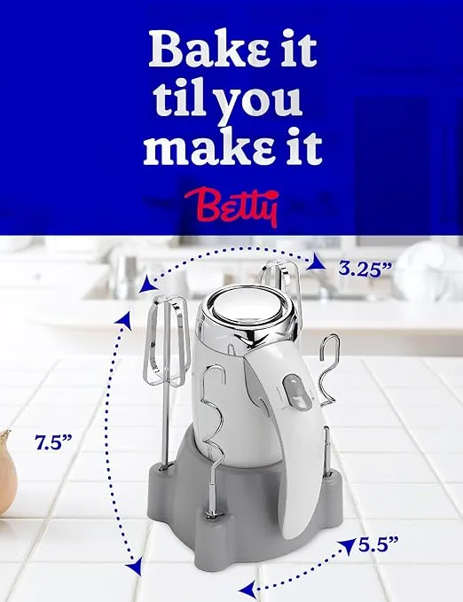 BETTY CROCKER Hand Blender 7 Speed, 250 Watt Electric Mixer with Beaters and Dough Hooks, Ergonomic Electric Hand Mixer for Home & Kitchen with Stand and Soft Touch Handle, White